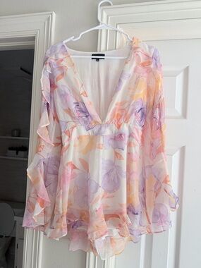MAJORELLE Pastel Floral V-Neck Ruffle Romper — Lavender, Peach, Yellow on White